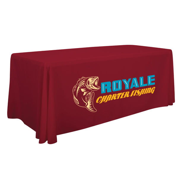 Image of a red tablecloth that says "Royale Fishing Charter" from Str8 Sports.