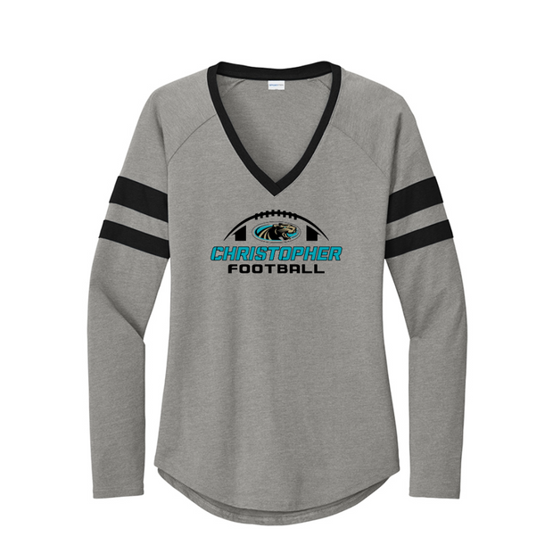 Christopher 2024 Football Ladies Halftime Stripe Long Sleeve V-Neck