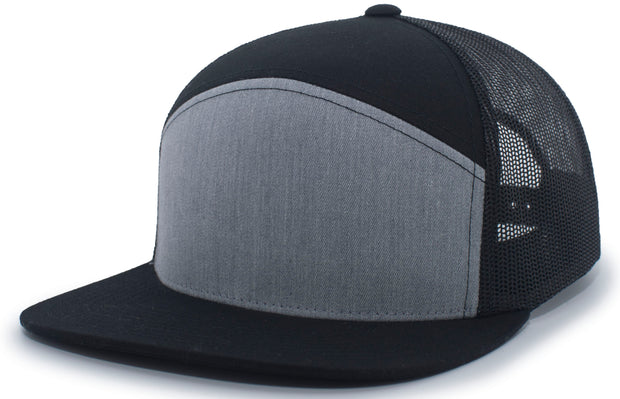Image of a black and gray 6-Panel Trucker Snapback Hat from Str8 Sports.
